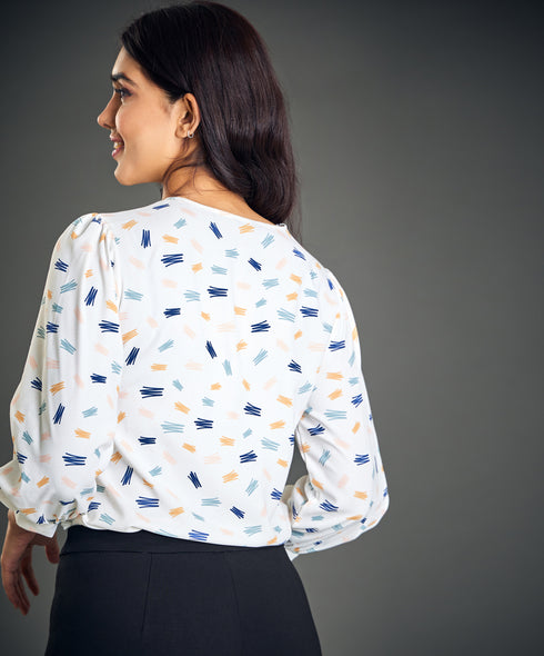 Off White Printed Side Pleated Top